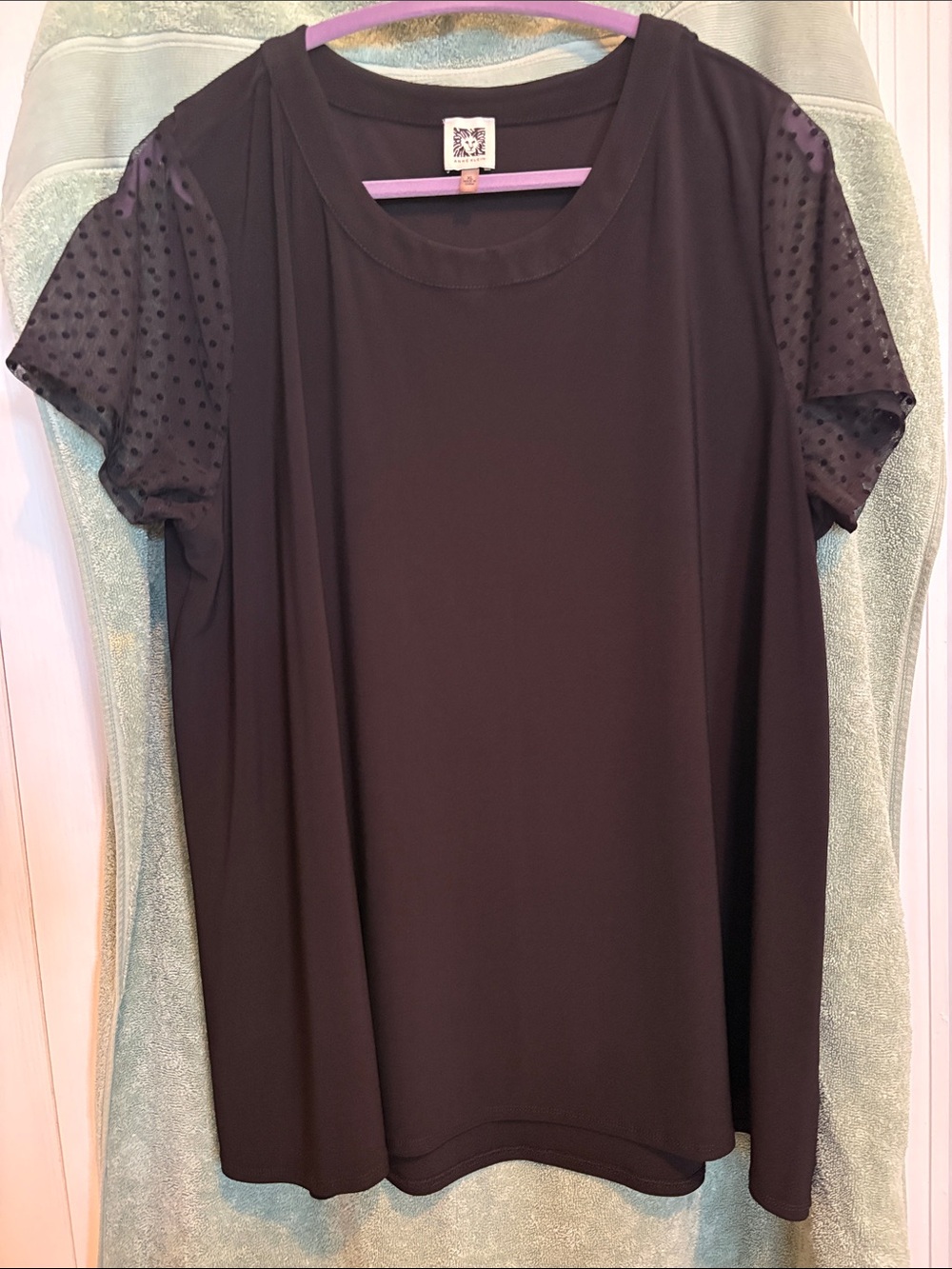 Anne Klein Black Crew Neck Top with Dotted Mesh Short-Sleeve. NWOT